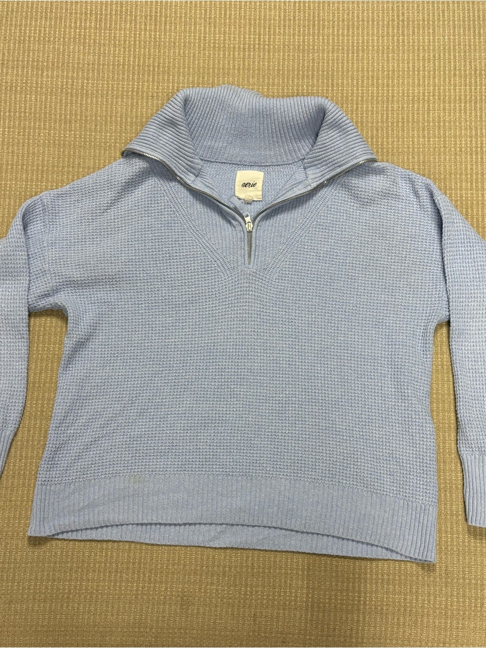 Aerie Cozy Up Waffle Knit Quarter Zip Sweater in Fresh Water Heather Blue